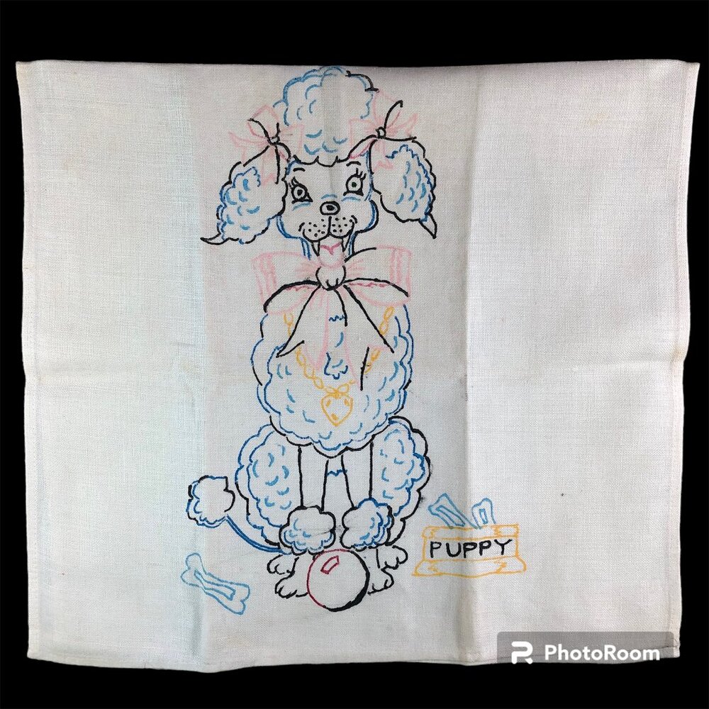 Vintage Poodle Puppy Dog Vampire Tea Towel Tri-Chem Liquid Embroidery Transfer